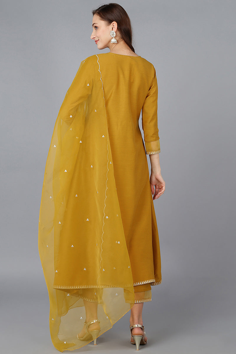 Mustard Silk Blend Solid A-Line Kurta Trousers With Dupatta | SHOBITAM