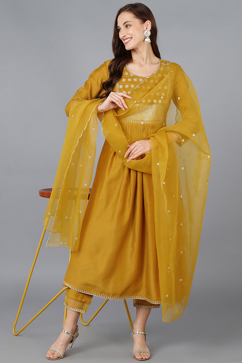 Mustard Silk Blend Solid A-Line Kurta Trousers With Dupatta | SHOBITAM
