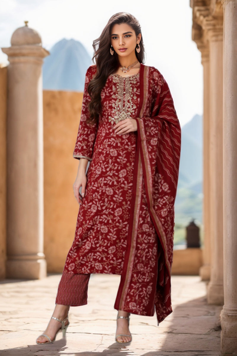 Maroon Silk Blend Floral Straight Kurta Trousers With Dupatta | SHOBITAM