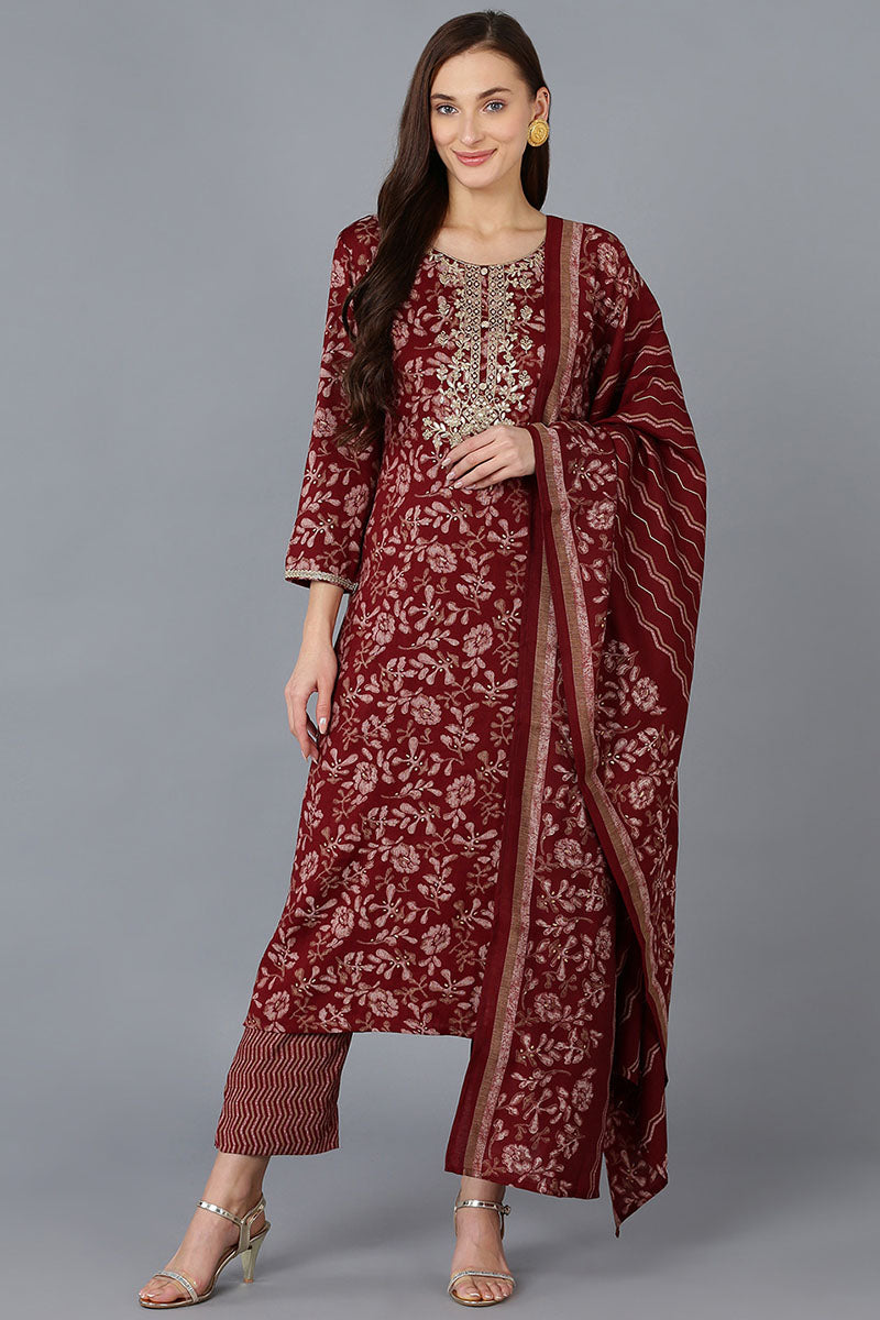 Maroon Silk Blend Floral Straight Kurta Trousers With Dupatta | SHOBITAM