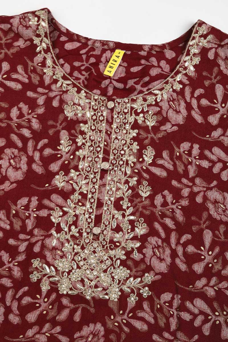 Maroon Silk Blend Floral Straight Kurta Trousers With Dupatta | SHOBITAM