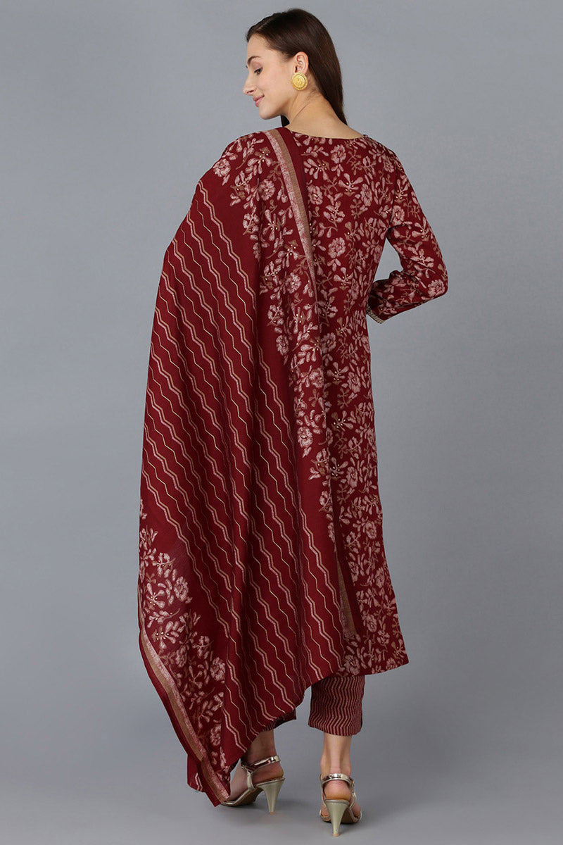 Maroon Silk Blend Floral Straight Kurta Trousers With Dupatta | SHOBITAM