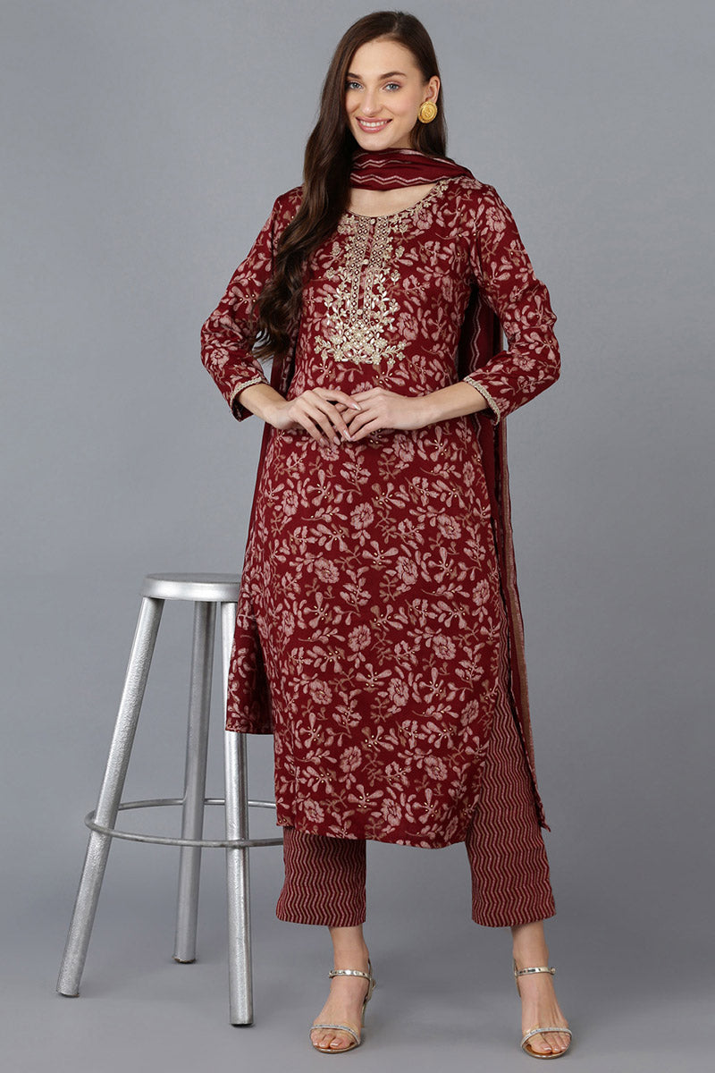 Maroon Silk Blend Floral Straight Kurta Trousers With Dupatta | SHOBITAM