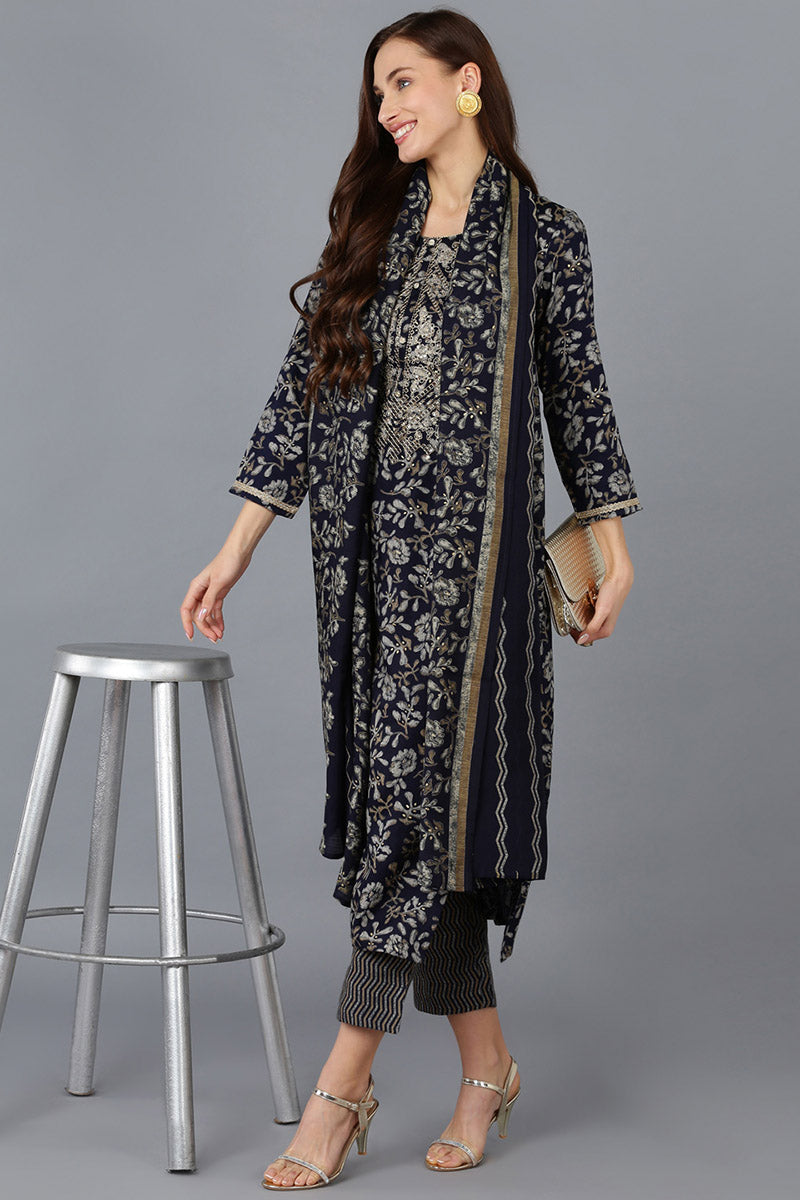 Black Silk Blend Floral Straight Kurta Trousers With Dupatta | SHOBITAM
