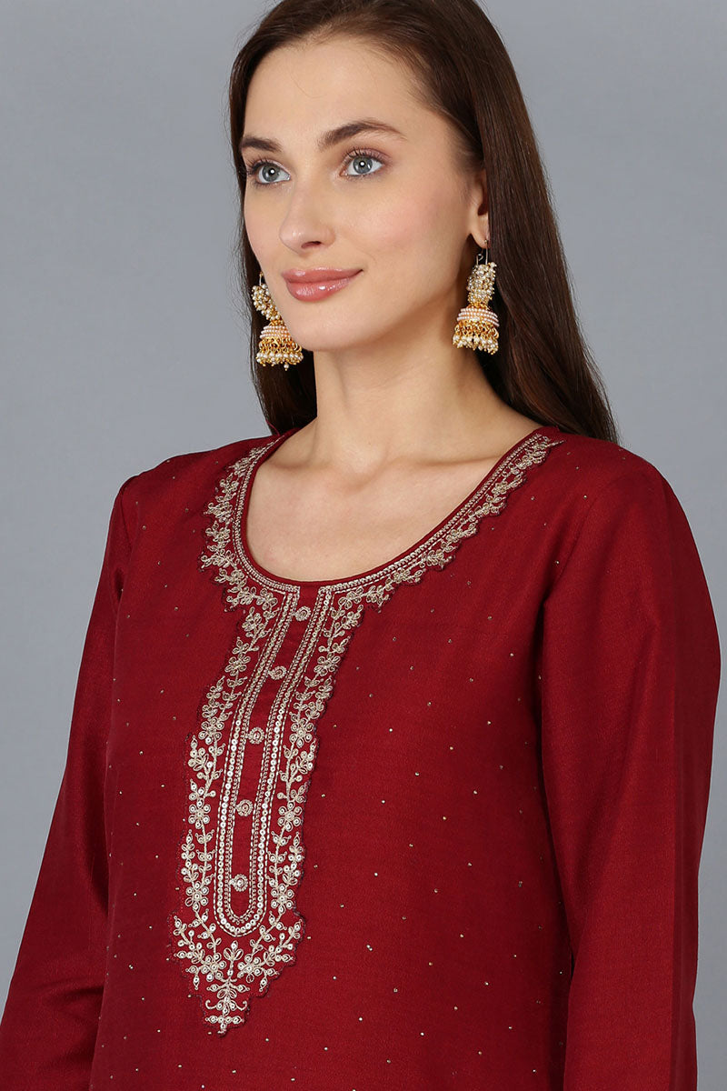 Maroon Silk Blend Solid Straight Kurta Trousers With Dupatta | SHOBITAM
