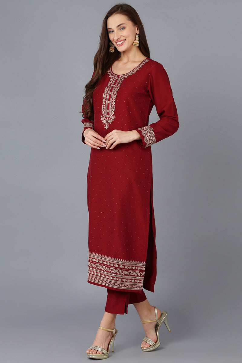 Maroon Silk Blend Solid Straight Kurta Trousers With Dupatta | SHOBITAM