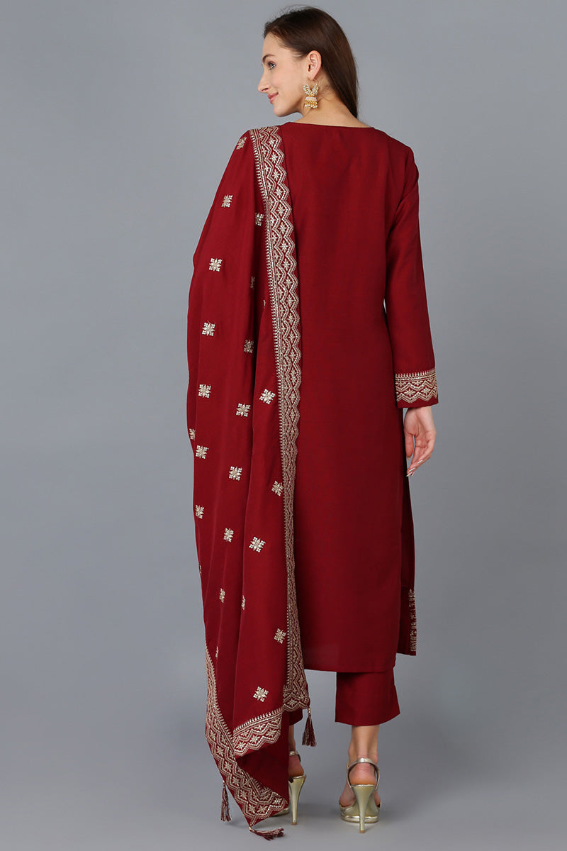 Maroon Silk Blend Solid Straight Kurta Trousers With Dupatta | SHOBITAM