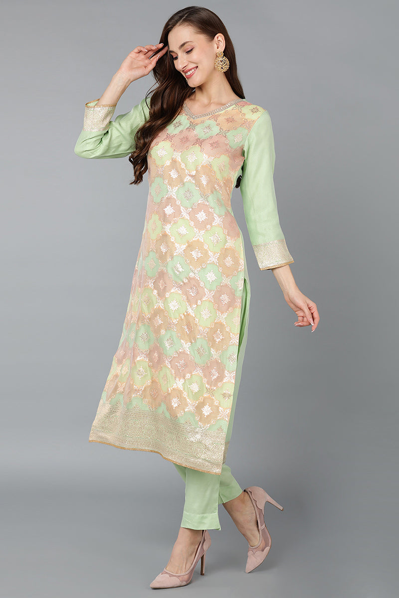 Poly Chanderi Straight Kurta Pant With Dupatta | SHOBITAM