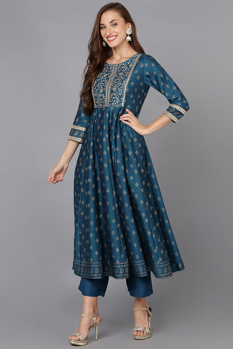 Blue Silk Blend Anarkali Kurta Pant With Dupatta | SHOBITAM