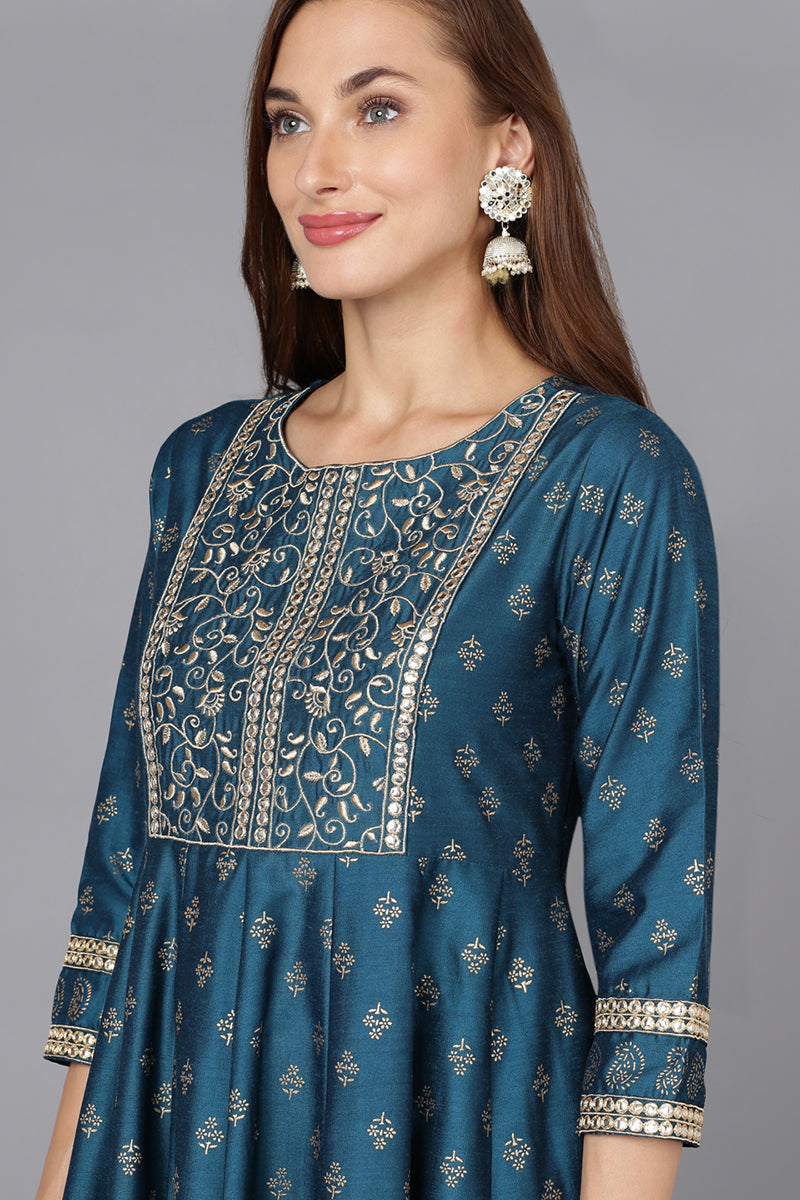 Blue Silk Blend Anarkali Kurta Pant With Dupatta | SHOBITAM