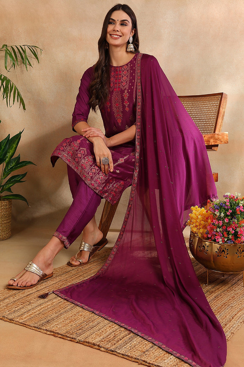 Poly Silk Maroon Embroidered Straight Suit Set | SHOBITAM