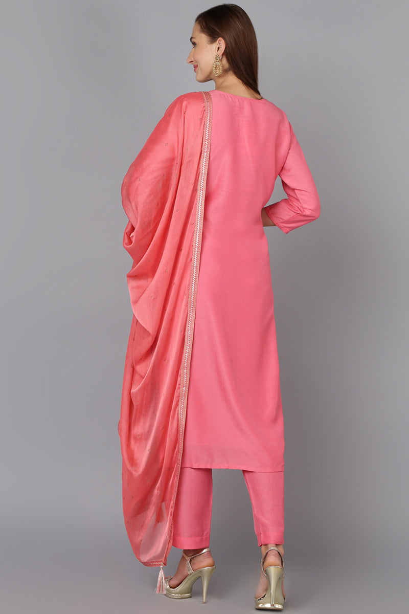 Pink Silk Blend Bandhani Printed Straight Suit Set | SHOBITAM