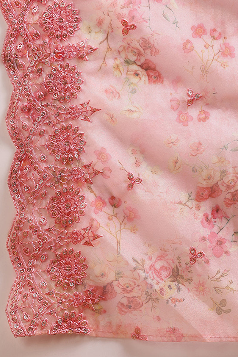 Peach Organza Ethnic Motifs Straight Suit Set | SHOBITAM