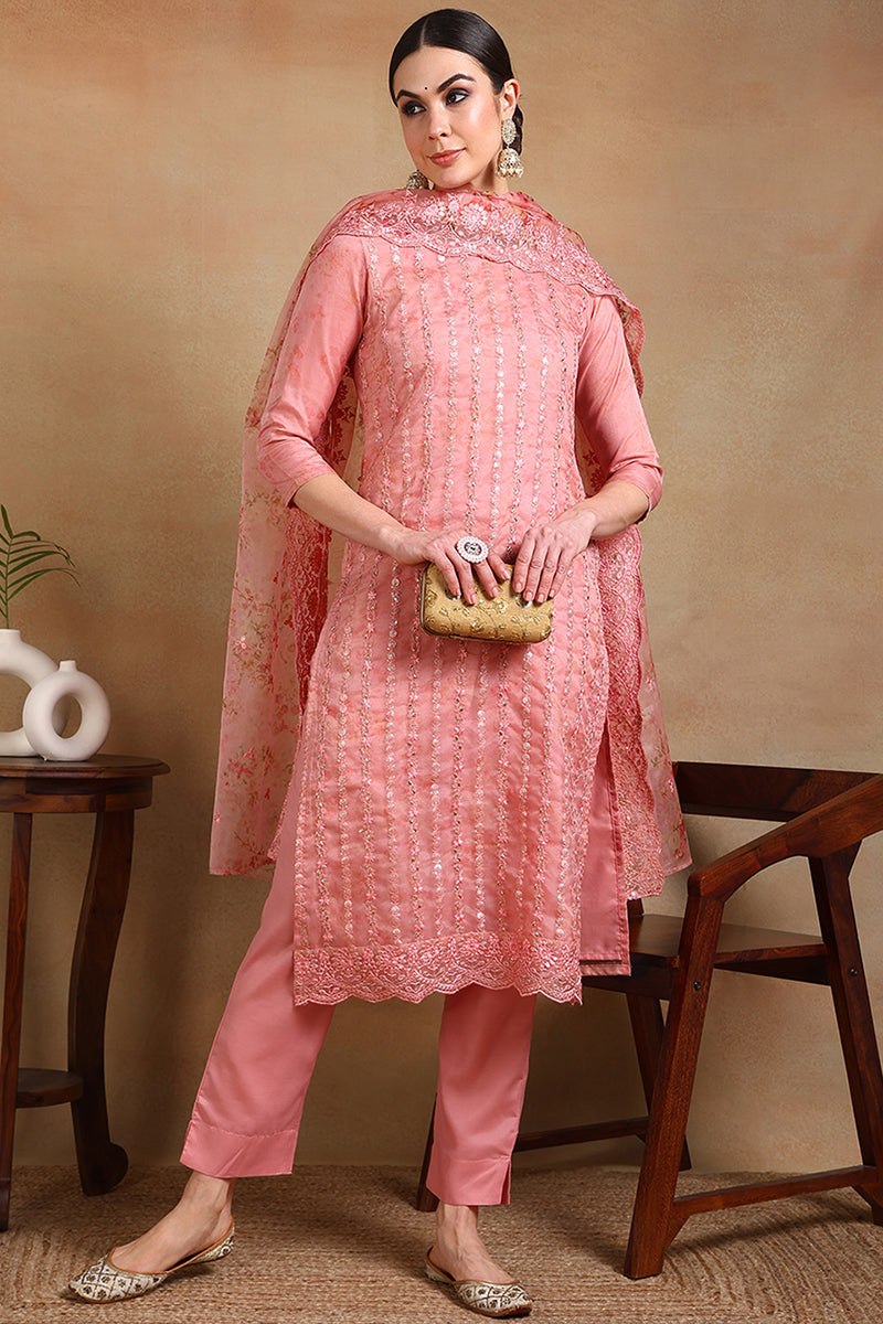 Peach Organza Ethnic Motifs Straight Suit Set | SHOBITAM