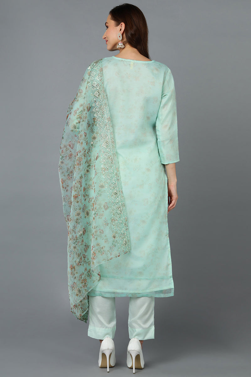 Sea Green Organza Embroidered Kurta Pant With Dupatta | SHOBITAM
