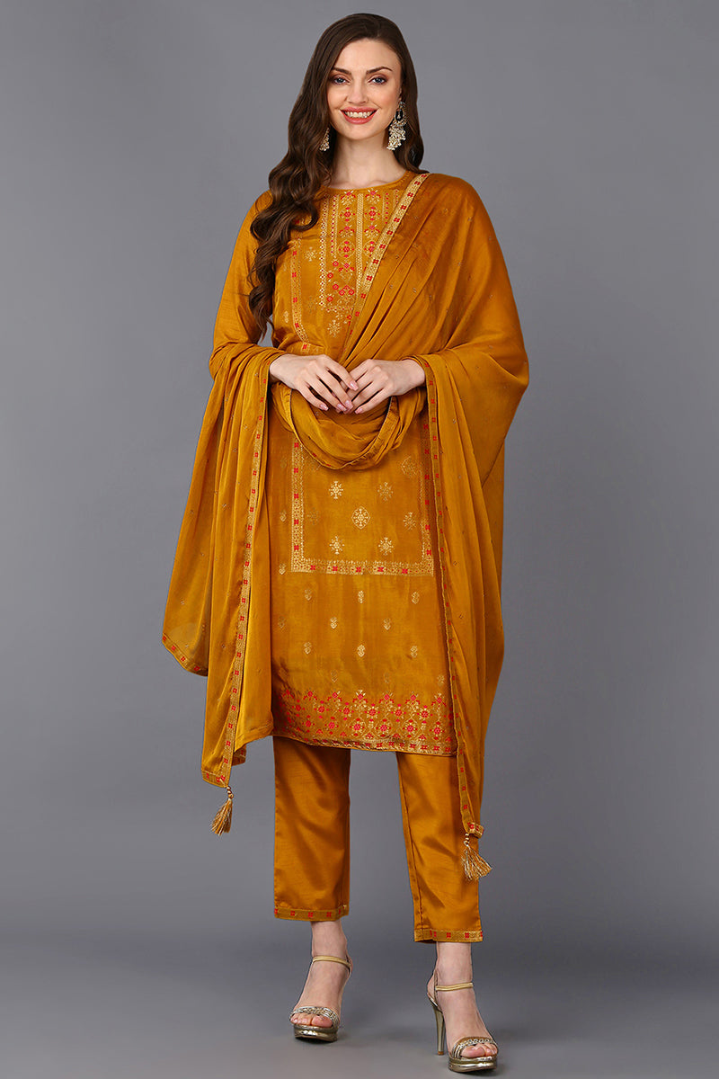 Silk Blend Mustard Embroidered Straight Suit Set | SHOBITAM