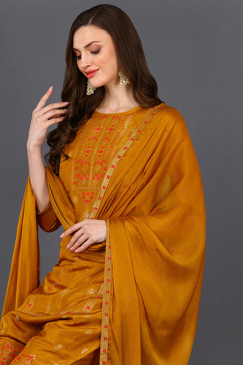 Silk Blend Mustard Embroidered Straight Suit Set | SHOBITAM