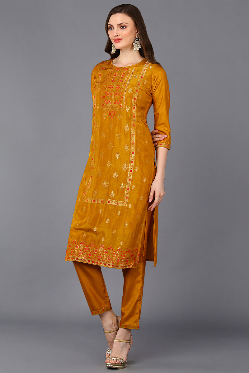 Silk Blend Mustard Embroidered Straight Suit Set | SHOBITAM