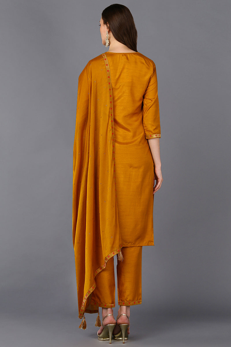 Silk Blend Mustard Embroidered Straight Suit Set | SHOBITAM