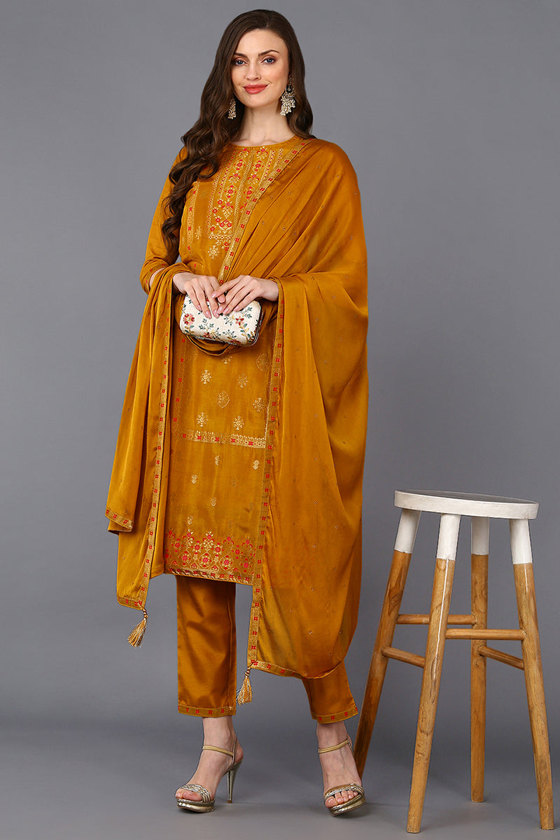 Silk Blend Mustard Embroidered Straight Suit Set | SHOBITAM