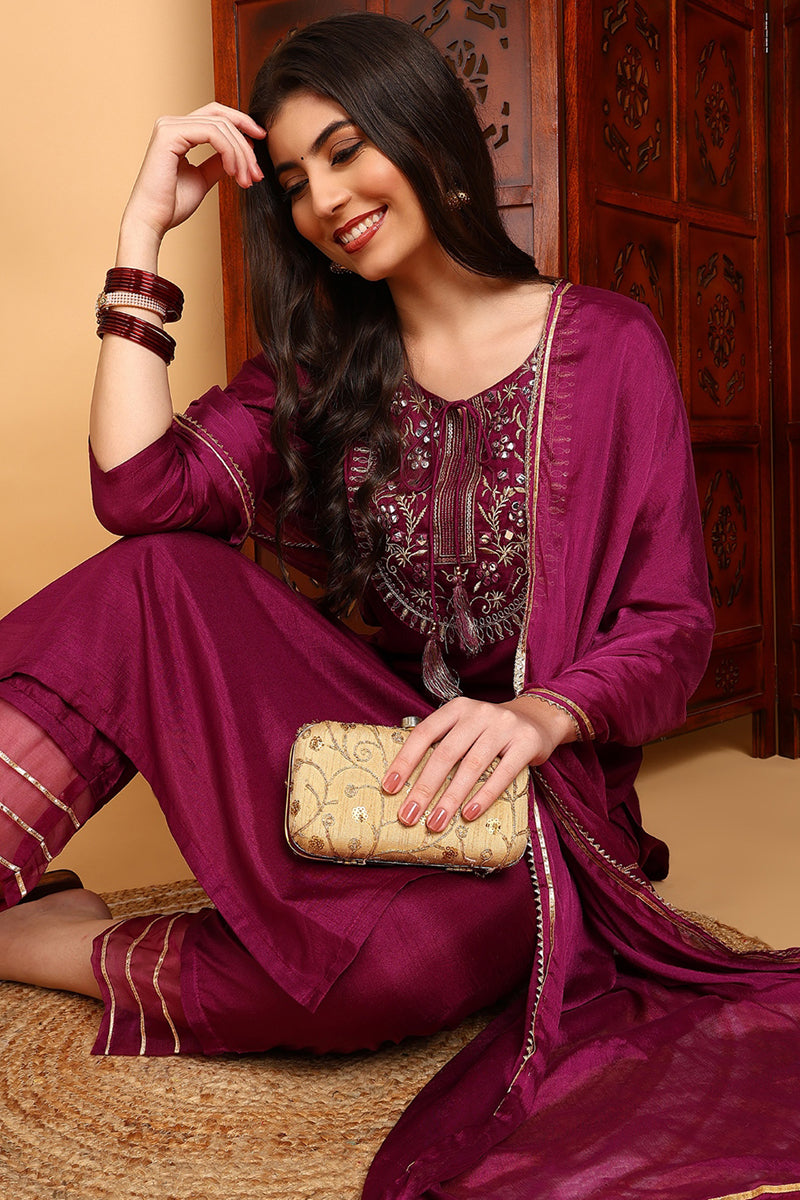 Silk Blend Purple Embroidered Straight Kurta Pant With Dupatta | SHOBITAM