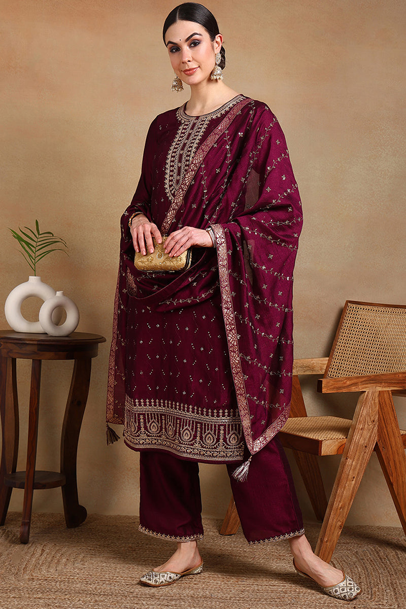 Silk Blend Wine Embroidered Straight Kurta Pant With Dupatta | SHOBITAM