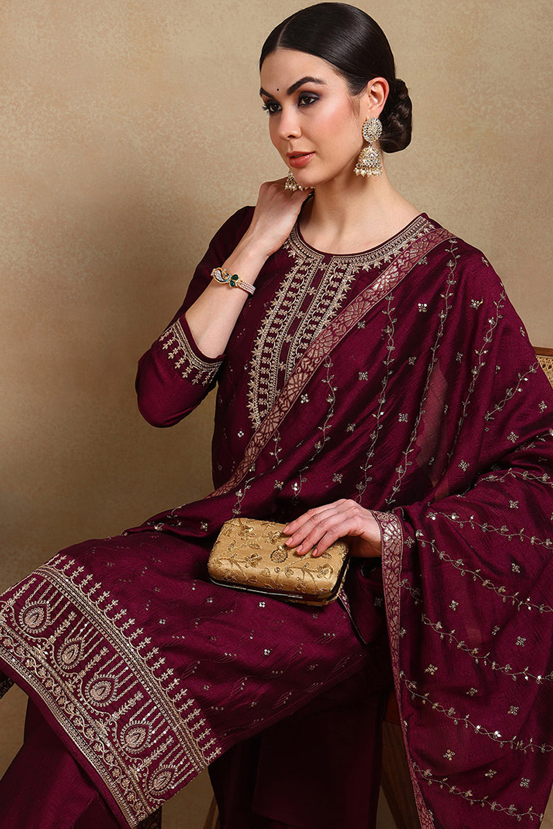 Silk Blend Wine Embroidered Straight Kurta Pant With Dupatta | SHOBITAM