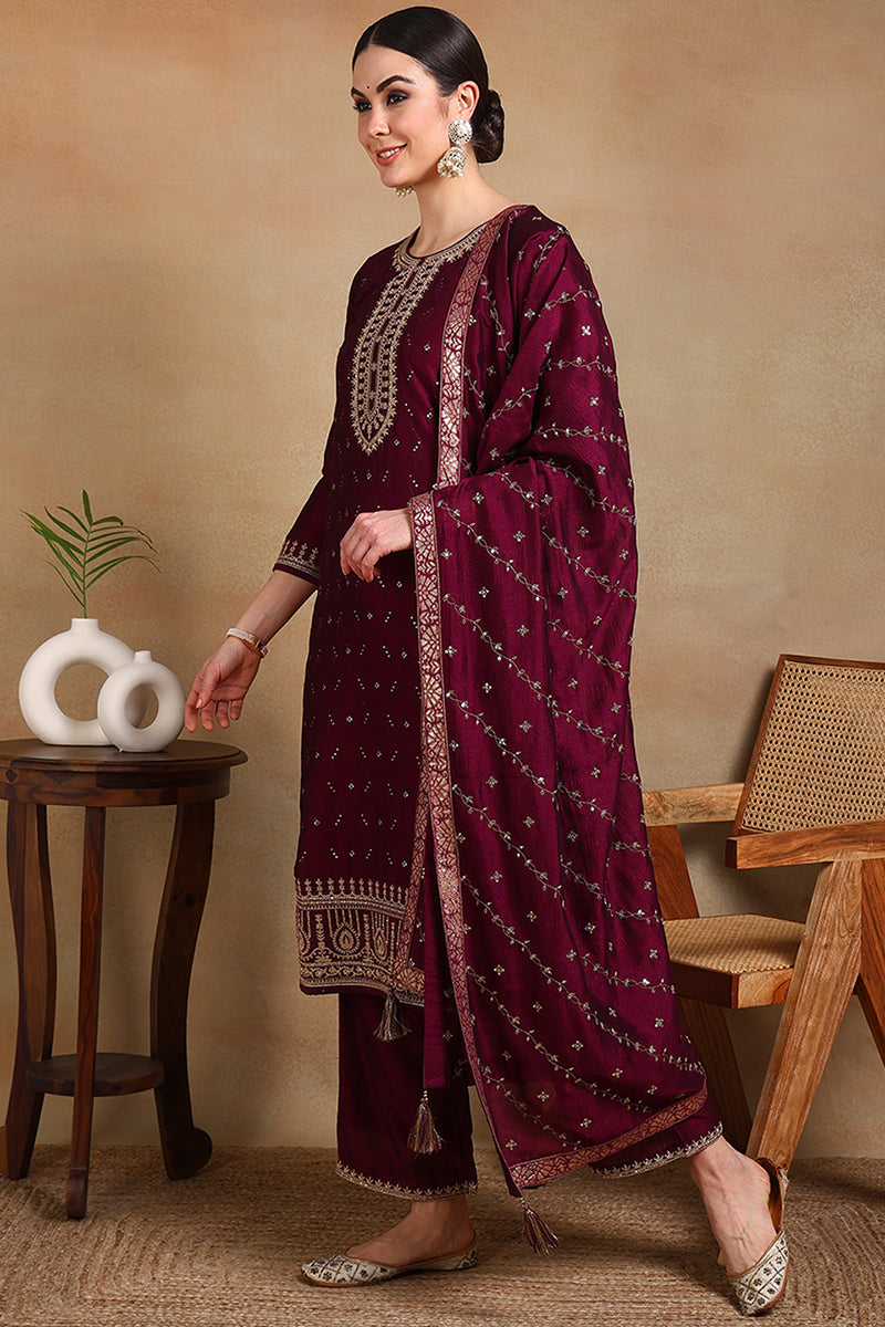 Silk Blend Wine Embroidered Straight Kurta Pant With Dupatta | SHOBITAM