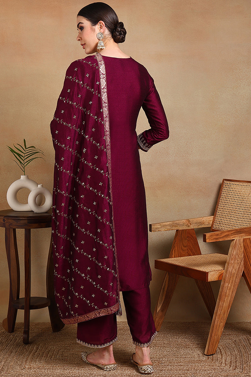 Silk Blend Wine Embroidered Straight Kurta Pant With Dupatta | SHOBITAM