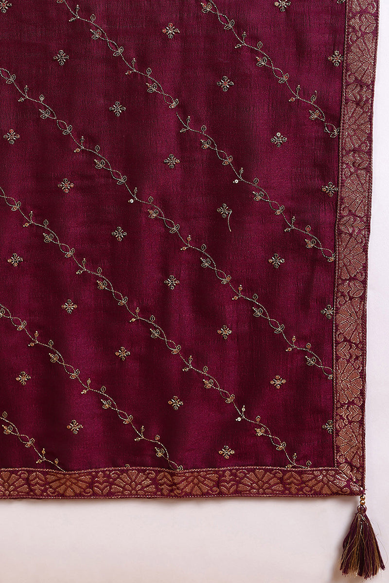 Silk Blend Wine Embroidered Straight Kurta Pant With Dupatta | SHOBITAM