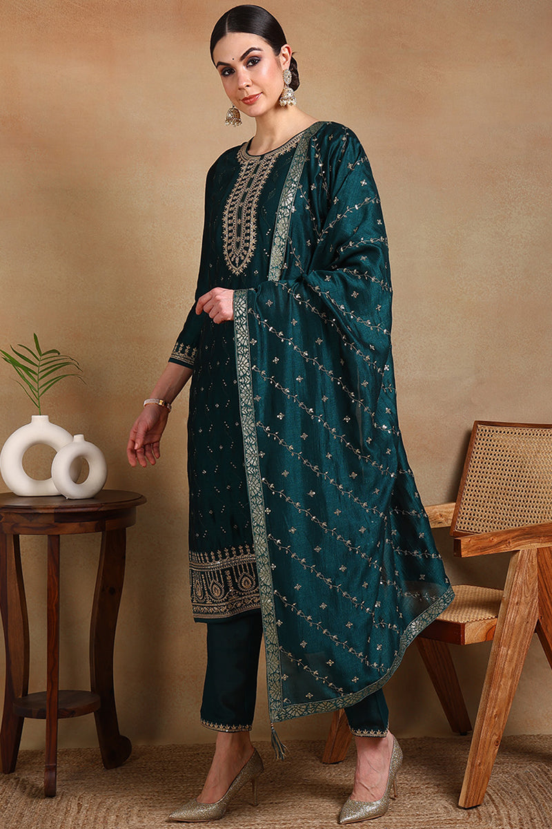 Green Silk Blend Embroidered Straight Suit Set | SHOBITAM