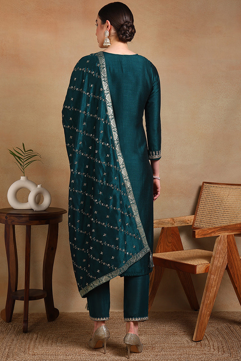 Green Silk Blend Embroidered Straight Suit Set | SHOBITAM