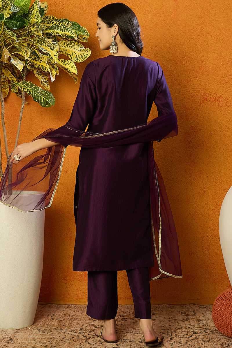 Purple Silk Blend Ethnic Motifs Straight Suit Set | SHOBITAM