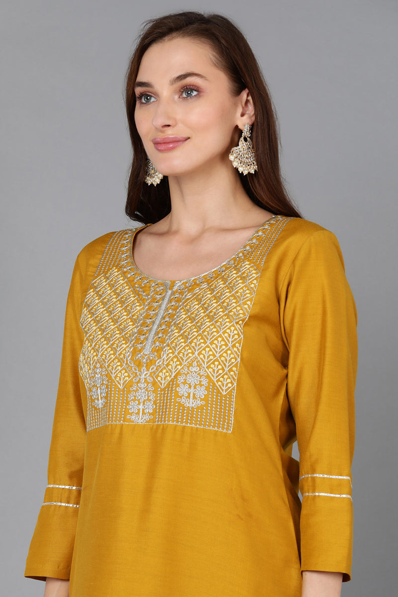 Mustard Silk Blend Straight Kurta Palazzo With Dupatta | SHOBITAM