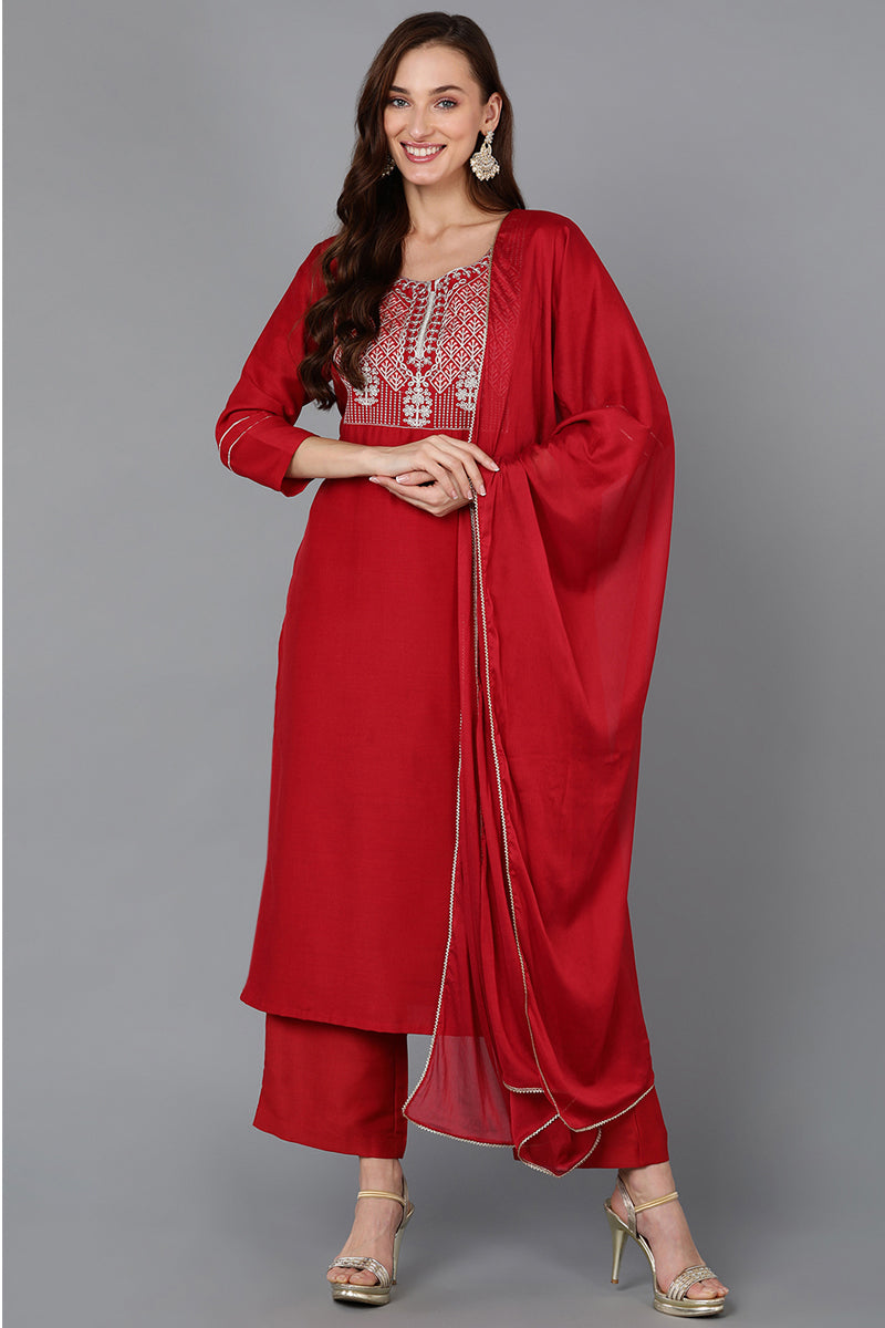 Red Silk Blend Straight Kurta Palazzo With Dupatta | SHOBITAM