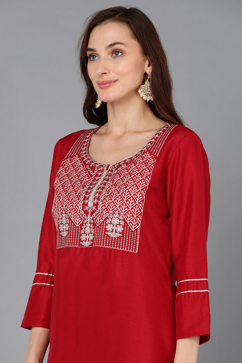 Red Silk Blend Straight Kurta Palazzo With Dupatta | SHOBITAM