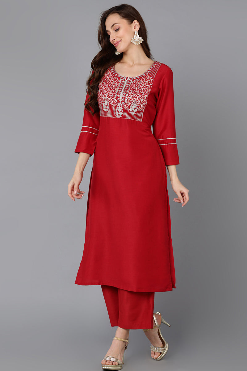 Red Silk Blend Straight Kurta Palazzo With Dupatta | SHOBITAM