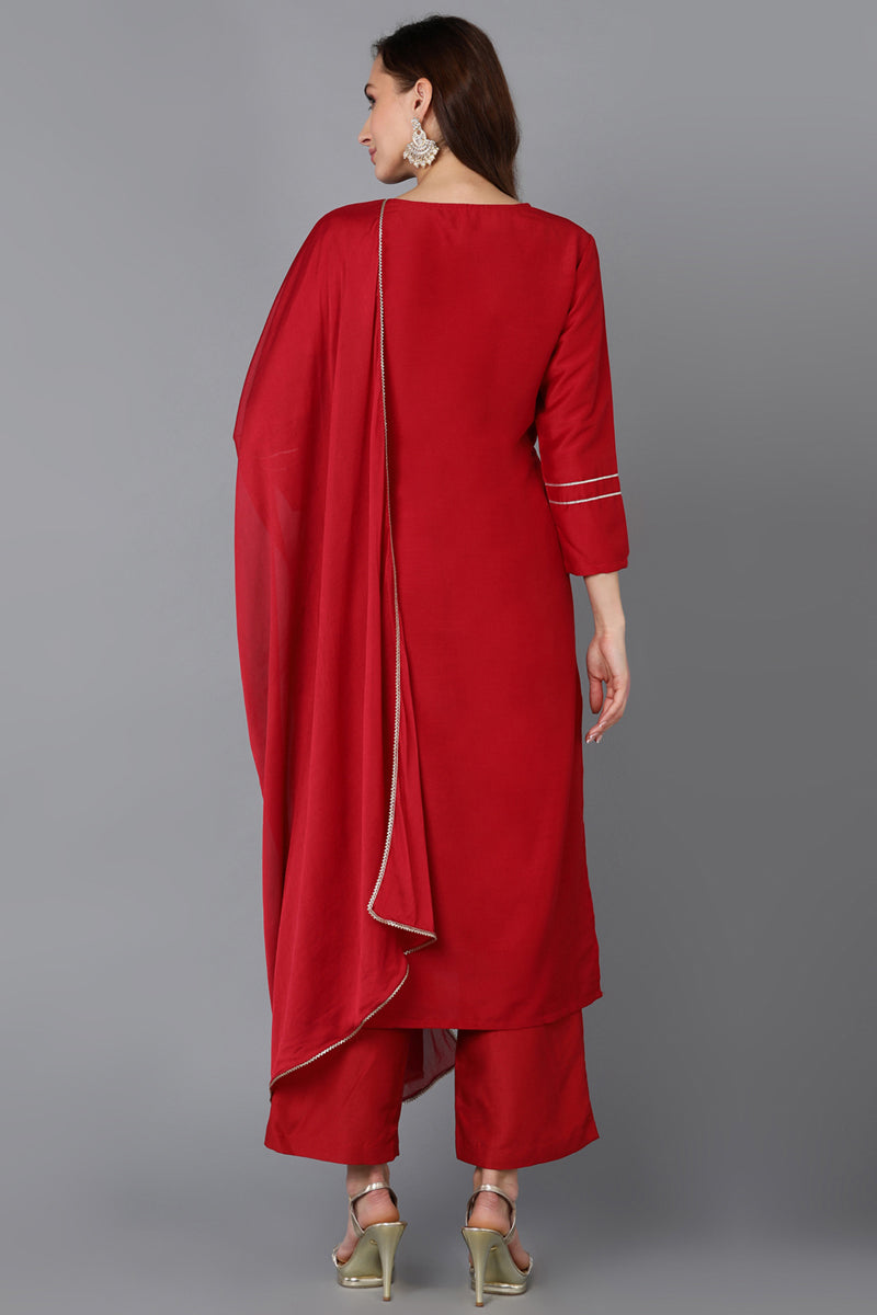 Red Silk Blend Straight Kurta Palazzo With Dupatta | SHOBITAM