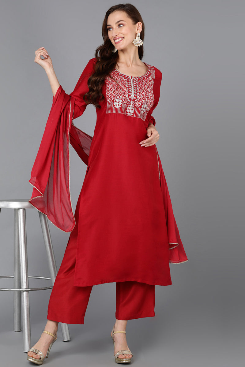 Red Silk Blend Straight Kurta Palazzo With Dupatta | SHOBITAM