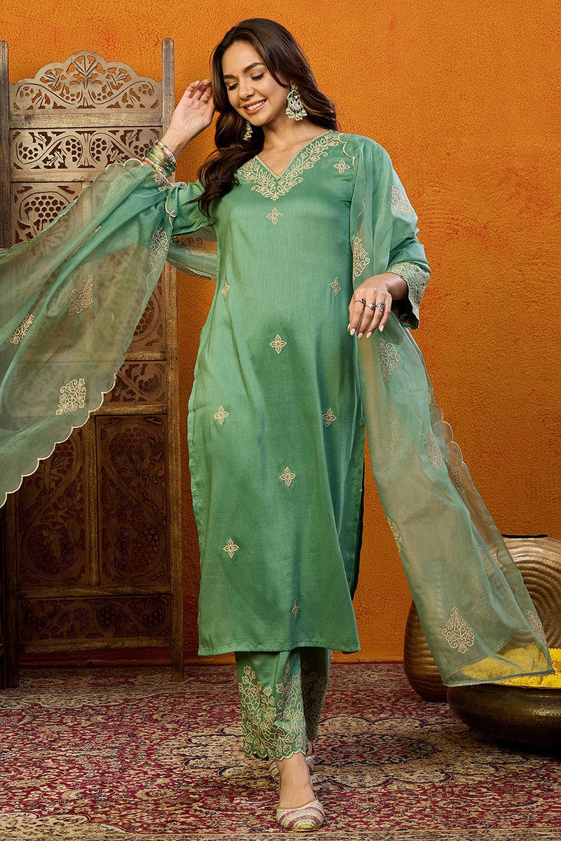 Green Silk Blend Floral Straight Suit Set | SHOBITAM
