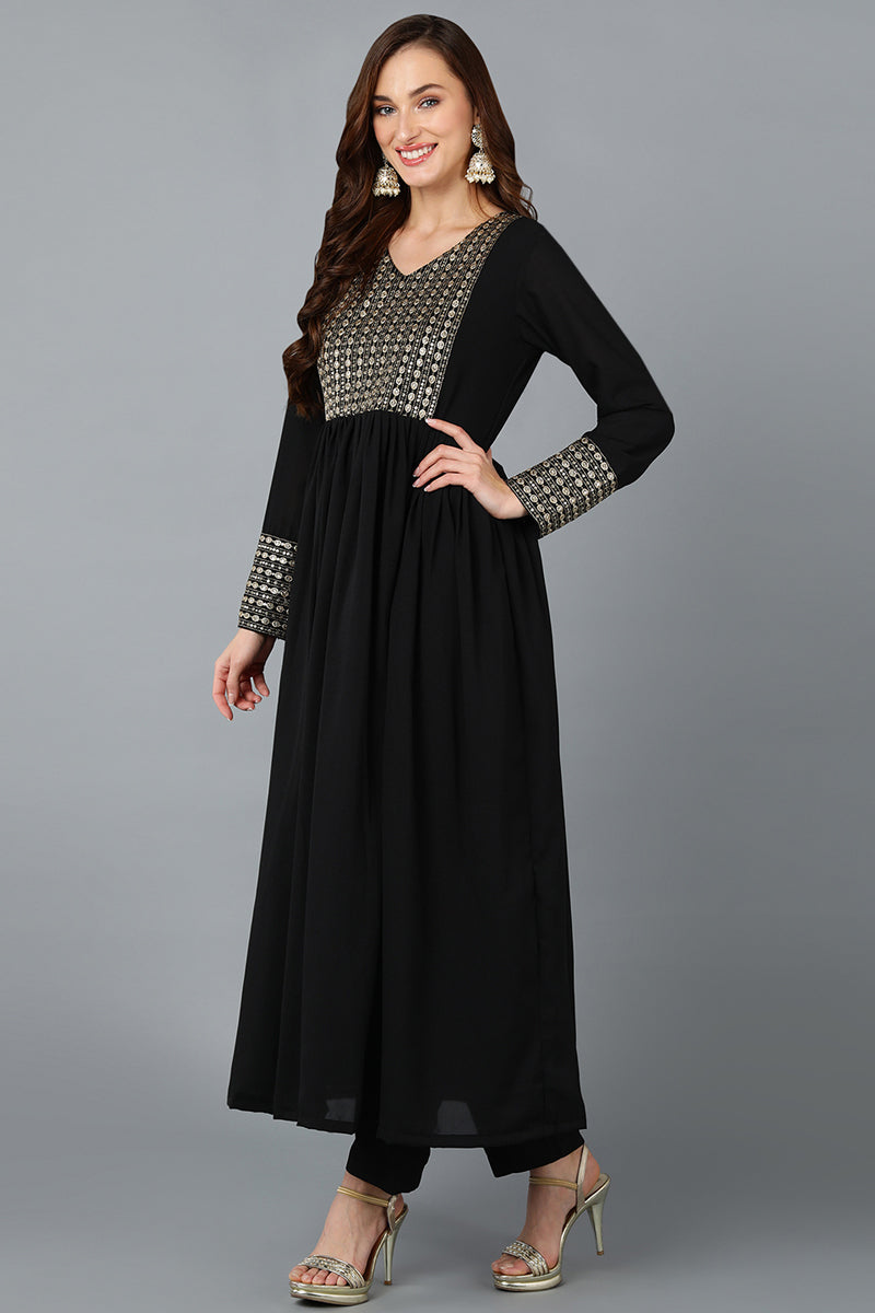 Black Georgette Sequinned Flared Suit Set | SHOBITAM