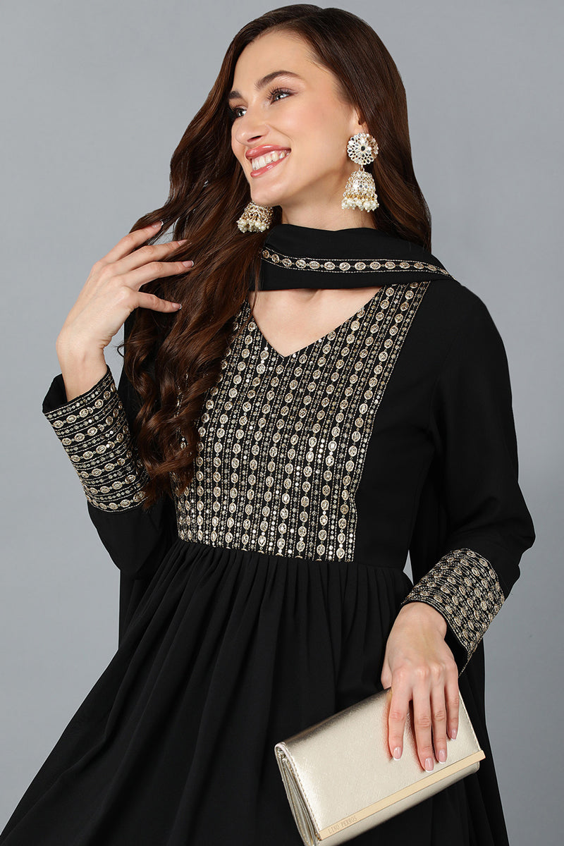 Black Georgette Sequinned Flared Suit Set | SHOBITAM