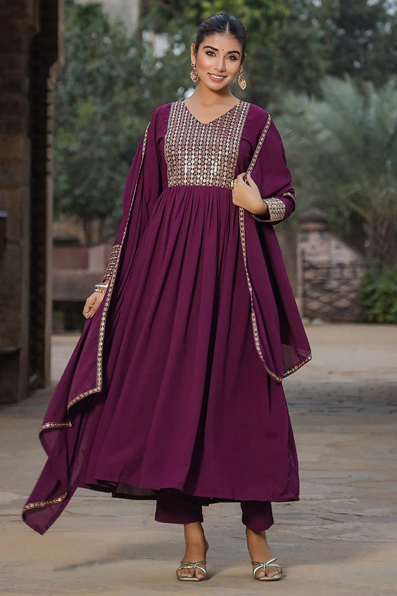 Burgundy Georgette Yoke Design Kurta Pant With Dupatta | SHOBITAM