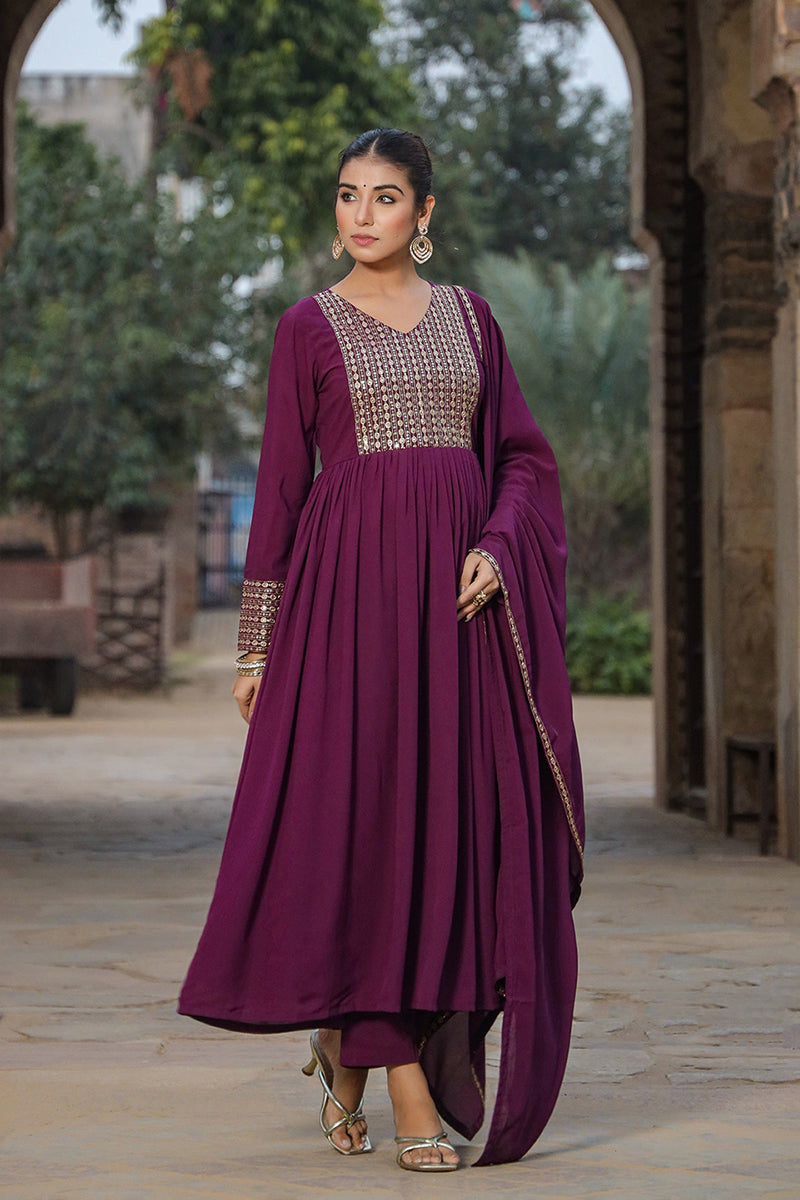 Burgundy Georgette Yoke Design Kurta Pant With Dupatta | SHOBITAM