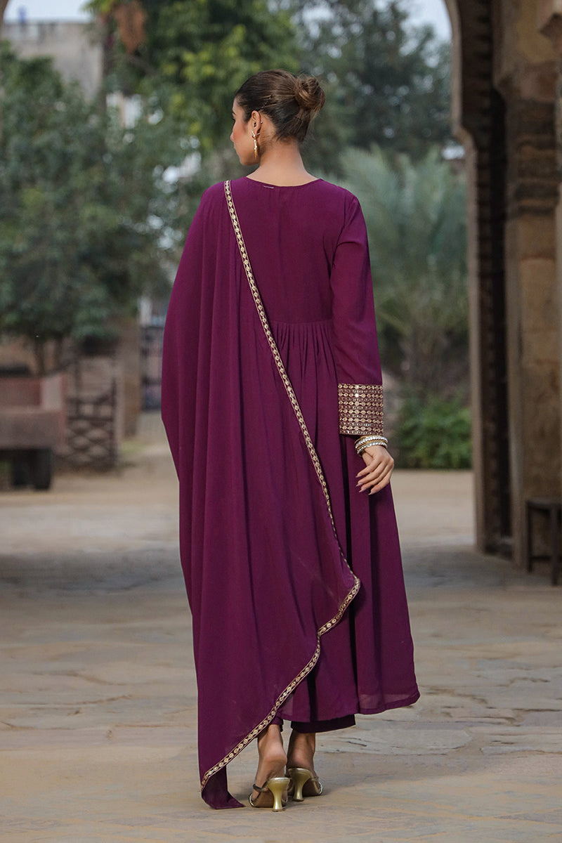 Burgundy Georgette Yoke Design Kurta Pant With Dupatta | SHOBITAM