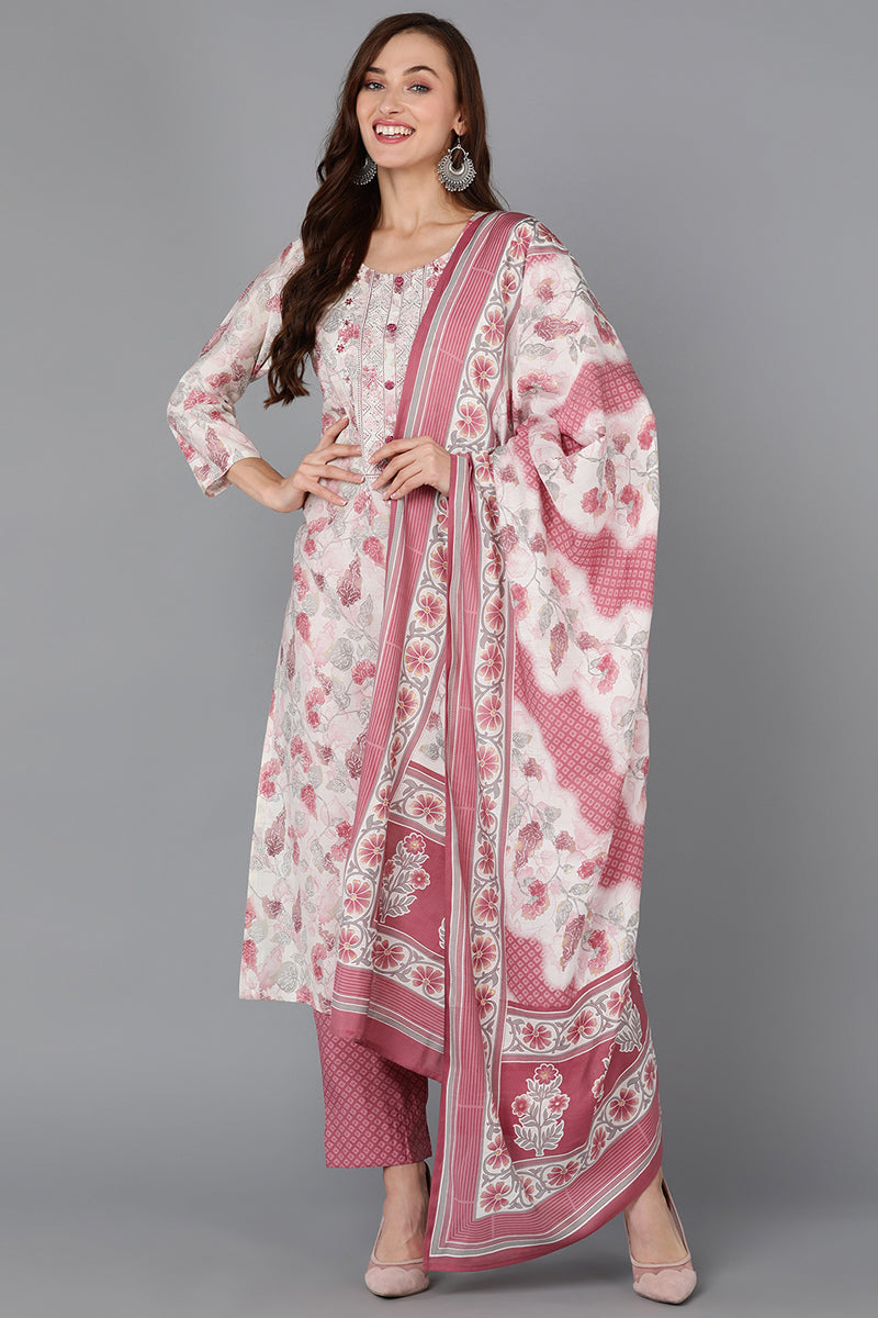Off White Silk Blend Floral Straight Kurta Pant With Dupatta | SHOBITAM