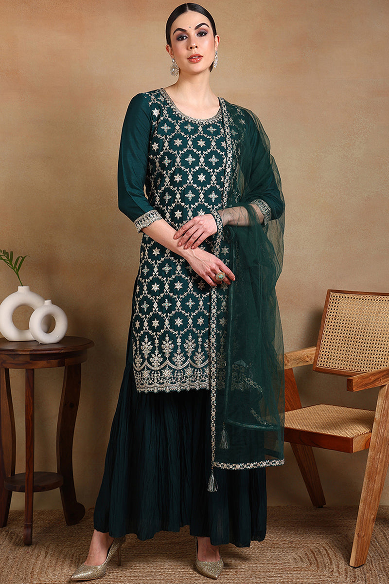 Green Silk Blend Embroidered Kurta Sharara With Dupatta | SHOBITAM