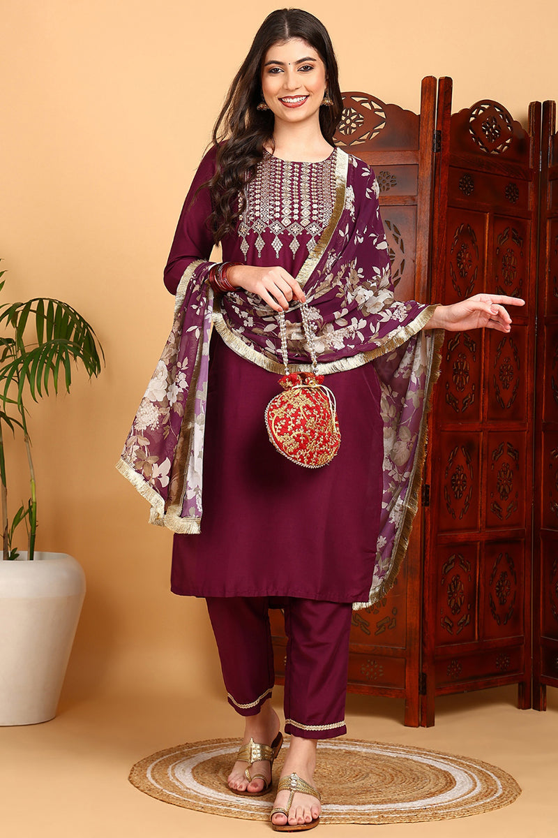 Purple Silk Blend Yoke Design Kurta Pant With Dupatta | SHOBITAM