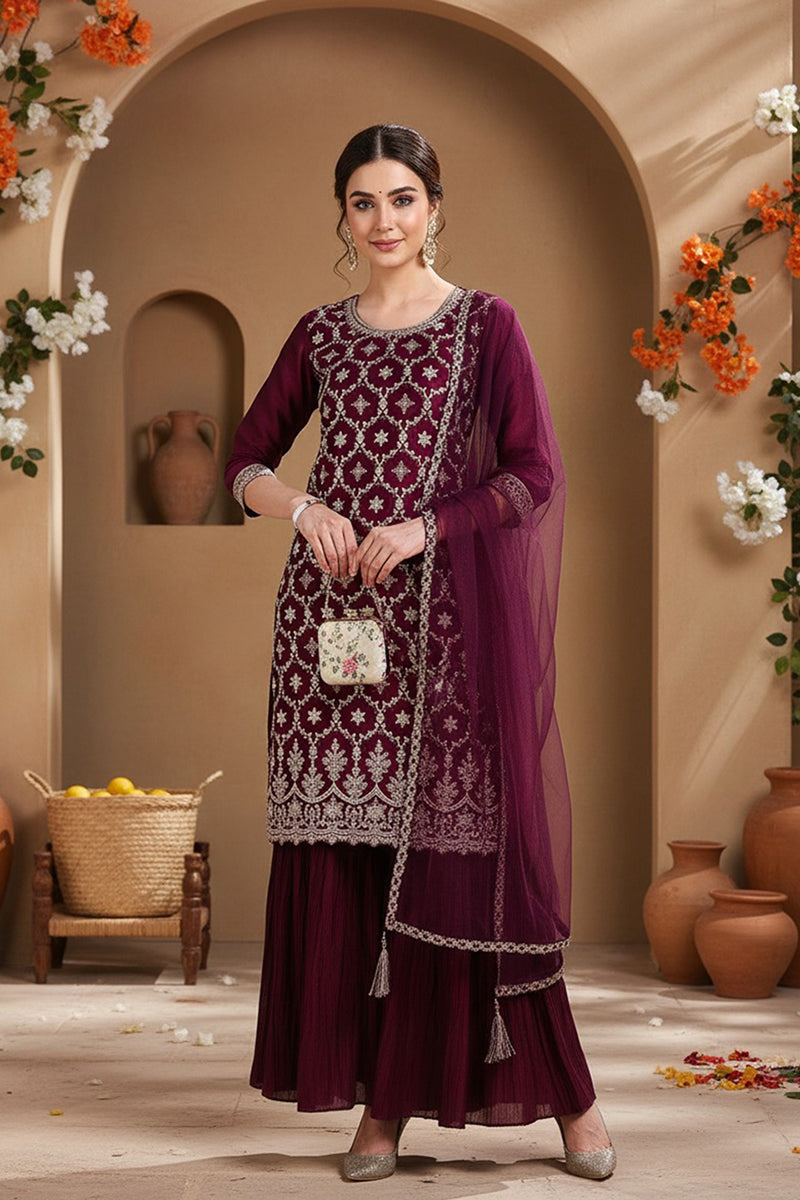 Silk Blend Purple Embroidered Straight Kurta Sharara With Dupatta | SHOBITAM