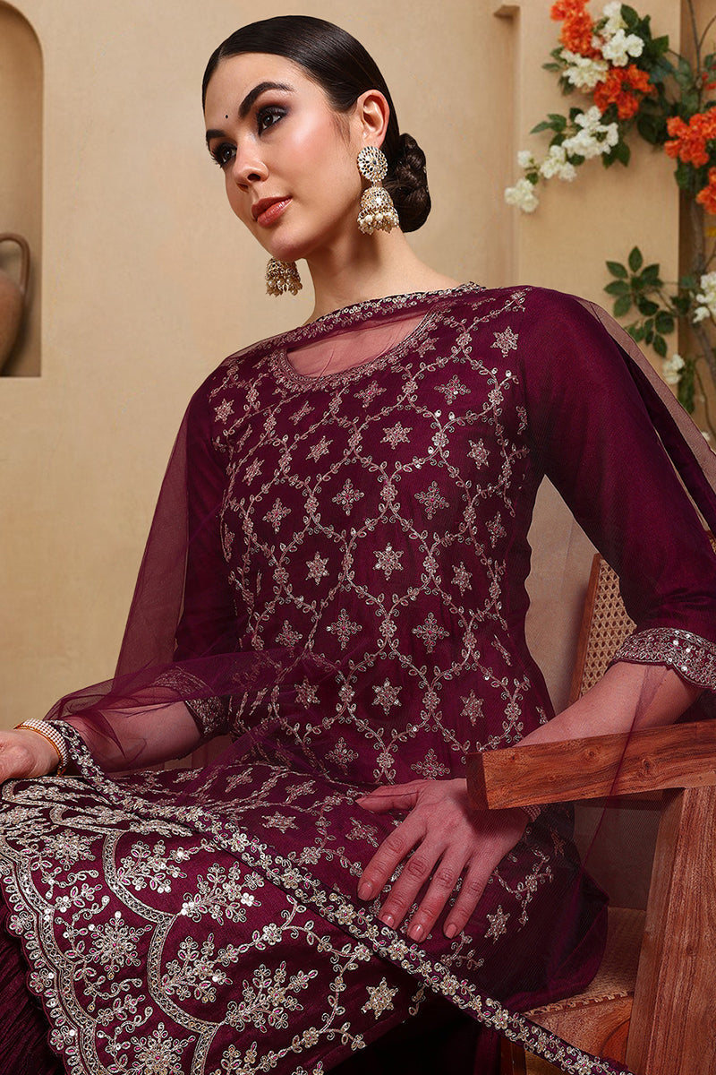 Silk Blend Purple Embroidered Straight Kurta Sharara With Dupatta | SHOBITAM